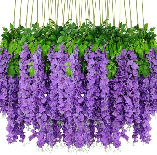 108pcs Artificial Wisteria Flowers 3.6 Feet/Piece Purple Dense Artificial Fake Wisteria Vine Ratta Hanging Garland Silk Flowers String Home Party Wedding Decor（Purple-Dense） by HanYun