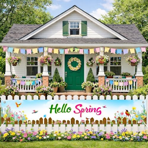 BlissYard Hello Spring Fence Banner Floral Garden Decor 118 x 20 Inch - Image 2