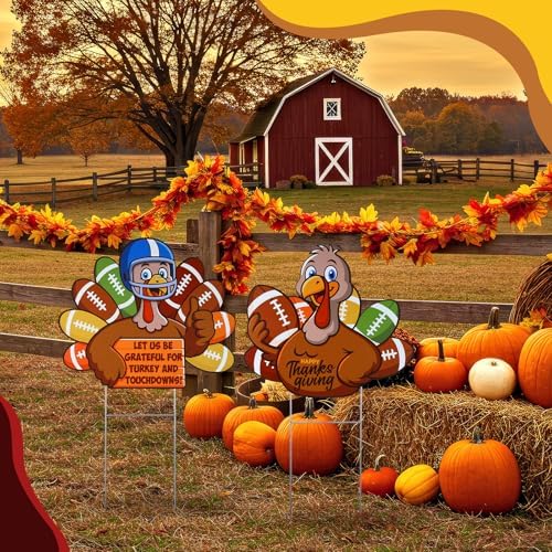2 Pcs Thanksgiving Outdoor Decorations Metal Football Turkey Yard Sign with Stakes Fall Yard Decoration Turkey Lawn Sign Sports Game Theme for Autumn Party Garden Supplies - Image 4