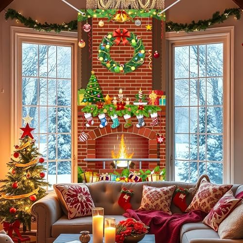 Christmas Door Cover Fireplace Decoration Xmas Large Photography Background Banner Porch Sign for Winter Indoor Outside Front Door Banner Farmhouse Party Supplies 6 x 3 Feet Fireplace - Image 5