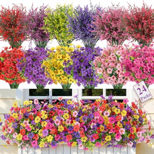 SHareconn 24 Bundles Artificial Flowers for Outdoors UV Resistant Decor by SHareconn