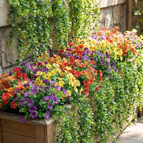 Norme 16 Bundles Artificial Flowers for Outdoors Decoration, UV Resistant Silk Faux Flowers with Eucalyptus Vine Realistic Fake Plants for Spring Summer Garden Porch Patio Yard Home, Mixed Color - Image 6