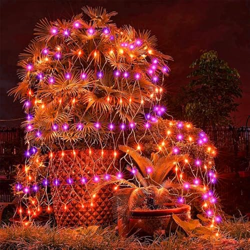 LJLNION Halloween Net Lights, 360 LED 12ft x 5ft Connectable Mesh Fairy String Lights, 8 Modes Low Voltage Safe Adaptor for Xmas Trees Bushes Wedding Outdoor Garden Yard Decorations, Orange & Purple - Image 3