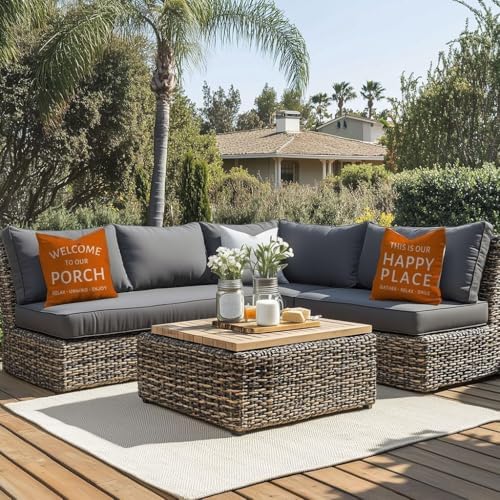 Outdoor Farmhouse Decorative Throw Pillow Covers 20x20 Inch Set of 2 Welcome to Our Porch This is Our Happy Place Orange Cushion Case Spring Fall Decoration for Patio Furniture Couch Decor - Image 3