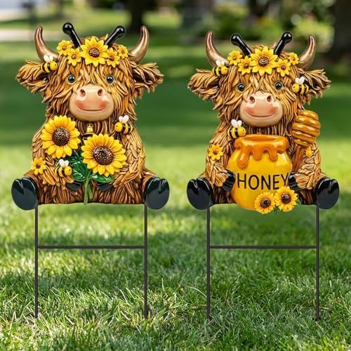 Amyhill 2 Pcs Highland Cow Outdoor Decor, Sunflower Bee Metal Garden Stakes, Honey Themed Yard Signs for Spring Summer, Patio Lawn Walkway Decorations, Cute Cow Gifts for Garden Lovers by Amyhill
