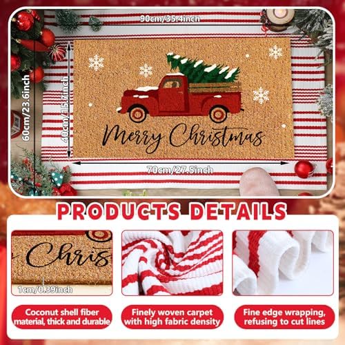 Duraaamo 2 Pcs Merry Christmas Door Mat Outdoor Christmas Nature Coir Welcome Rug Red White Striped Outdoor Rug for Xmas Front Porch Indoor Entrance Decor - Image 3