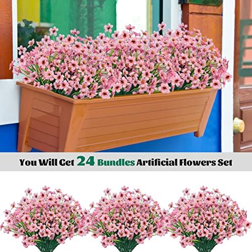 24 Pcs Artificial Flowers for Outdoor, Plastic Fake Flowers Decor, Pink - Image 3