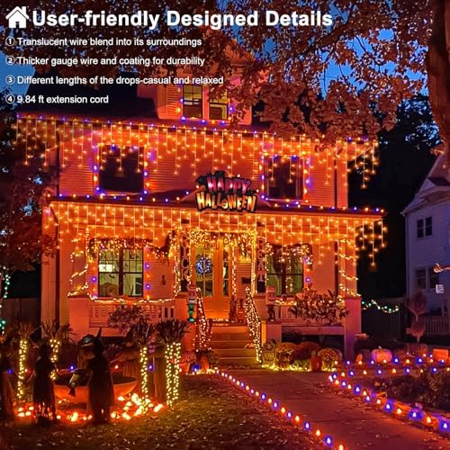 66ft Orange Halloween Lights Outdoor, 640LED Icicle Lights for Outside Indoor Twinkle Christmas Light with Connectable Clear Wire 8 Modes Timer Waterproof for House Party Tree Holiday Yard Patio Decor - Image 7
