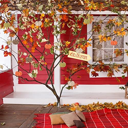 AnyDesign 16Pcs Fall Thanksgiving Pumpkin Hanging Ornament Green Flaxen Orange Brown Burlap Pumpkin Hanging Decors for Autumn Harvest Halloween Christmas Party Tree Mantel Wall Home Decoration - Image 5