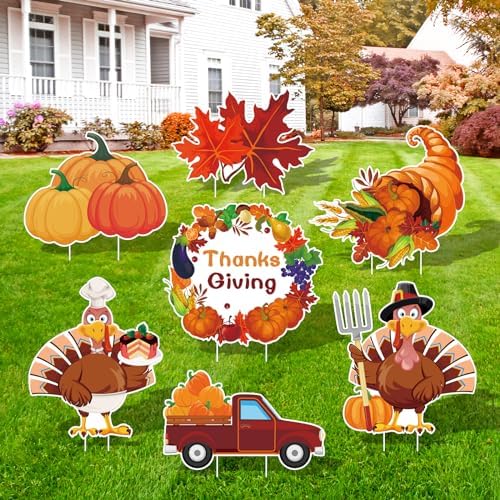 Thanksgiving Plastic Turkey Pumpkin Yard Signs 7pcs with Stakes by AroscheBanners