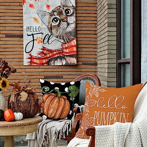 GEEORY Fall Decorative Throw Pillow Covers 18 x 18 Inch Set of 4, Hello Pumpkin Maple Leaves Fall Decor Outdoor Farmhouse Pillow Cases for Home Couch (Orange Color) G339-18 - Image 4