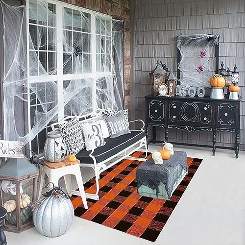 Bottalive Buffalo Plaid Outdoor Rugs, 3'x5' Orange and Black Checkered Indoor/Outdoor Area Rug, Layering Rug for Hello/Welcome Door Mat, Washable Cotton Woven Farmhouse Mat for Fall Front Porch Décor - Image 2