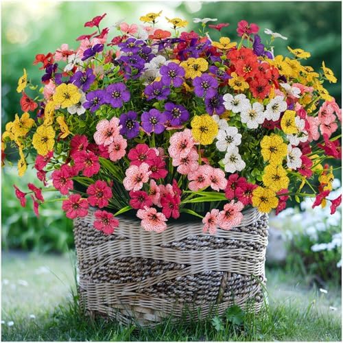 24 Bundles Lifelike Outdoor Artificial Flowers, UV Protected No Fade Fake Silk Plants for Spring Summer, Realistic Faux Flowers for Garden Porch Patio Decorations (6 Color Mix) by Mkeevee