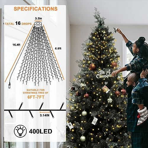 BOLWEO Christmas Tree Lights, 400LED 16 Lines Christmas Lights for Tree 8 Modes for 6ft-7ft Christmas Tree, UL Certified Indoor Outdoor Christmas Decorations 16 * 6.6ft Drops Warm White - Image 6