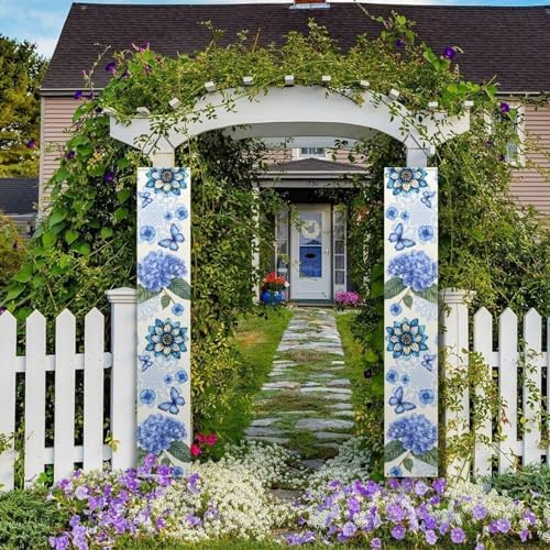 Hydrangea Butterfly Front Door Hanging Banner Winter Porch Sign Hanging Flag Porch Sign for Front Door Outdoor Seasonal Holiday Wedding Yard Decor Farmhouse Indoor Wall Backdrop - Image 4