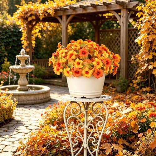 Artificial Fall Flowers for Outdoors, Faux Petunias Autumn Decoration, Fake Flowers Plants UV Resistant Look Real Silk Flowers for Outside Planter Front Door Porch Patio Yard (6, Orange-Yellow) - Image 7