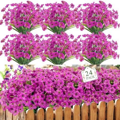 24 Bundles Artificial Flowers for Outdoors UV Resistant Faux Plants, Purple by MACTING