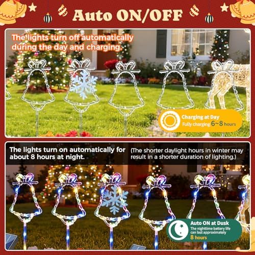 6 Packs Christmas Bell Solar Garden Lights with 8 Light Modes, 21.65 Inches Tall Christmas Outdoor Light with 20 LEDs Each, Solar Outdoor Xmas Decor for Garden, Path, Patio (Multiple-Colored) - Image 4