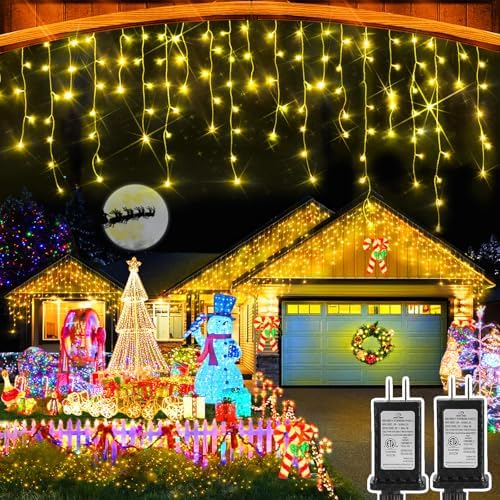 Christmas Lights Outdoor, 2 Pack Total 98FT 960 LED Ice Lights for Outside with 180 Drops Clear Wire 8 Modes Timer, Plug in Waterproof for Holiday Eaves Yard Roof Party Christmas Decor (Warm White) by Heceltt