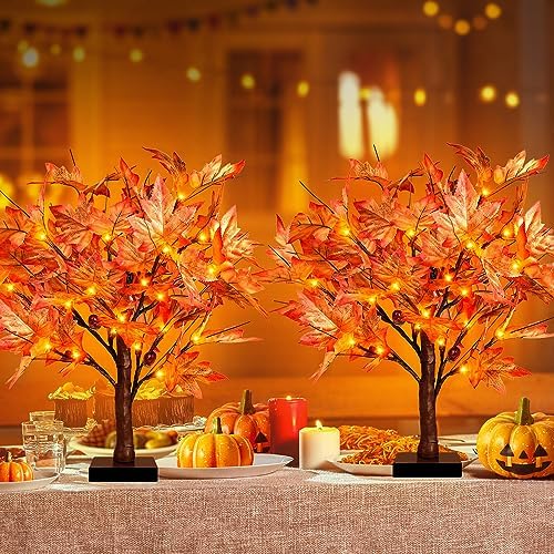 Remon 36 LED Lighted Fall Maple Tree - 1.5FT Thanksgiving Tabletop Lamp Decor with, 72 Maple Leaves, 6 Acorns, Timer Battery Operated 18 Inch Burlap Base Fall Artificial Tree for Autumn Decorations - Image 5