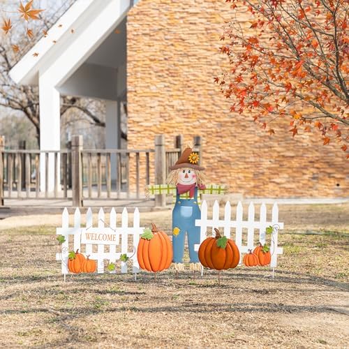 Glitzhome Fall Decorations for Outdoor, 30.75" H Metal Scarecrow,Pumpkin & Fence Thanksgiving Yard Stakes, Outdoor Fall Garden Stakes for Patio Pathway Autumn Harvest Outside Decoration,Set of 5 - Image 3