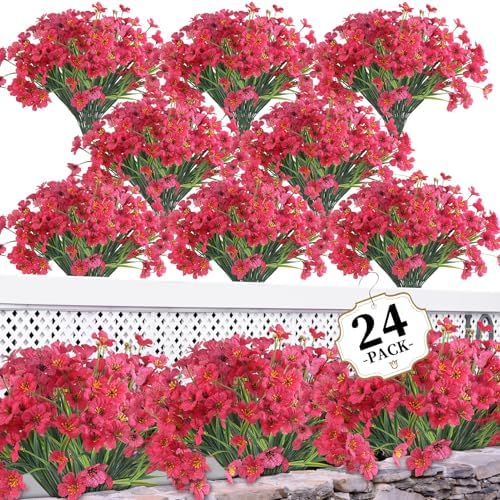 ColoPlay 24 Bundles Rose Red Artificial Flowers for Outdoors, Fake Flowers by ColoPlay