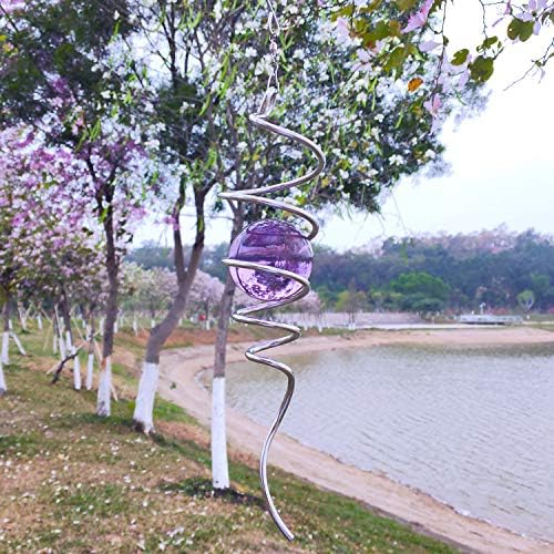 Fonmy Purple Gazing Ball Spiral Tail Wind Spinner Stabilizer with Swivel Hook 11inch Stainless Steel Tail and 2 inch Purple Glass Orb. Indoor Outdoor Garden Decoration Hanging Ornaments - Image 3