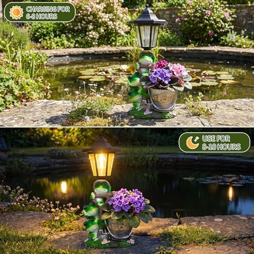 Solar Frog Outdoor Garden Statue with Flowerpot & Lantern - Image 4