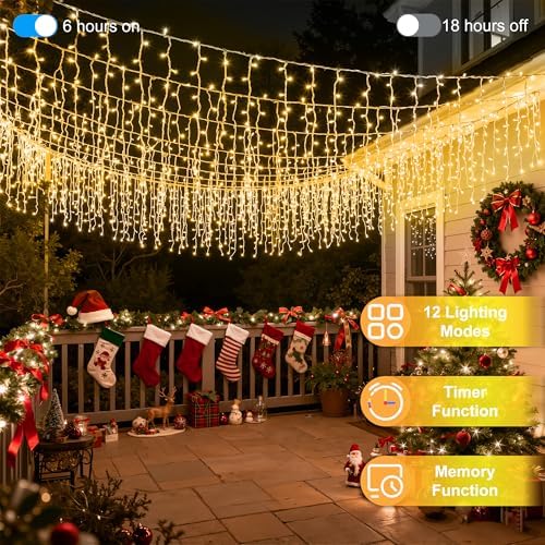 810 LED 82FT Christmas Icicle Lights, 180 Drops, 12 Modes, Warm White - Image 3