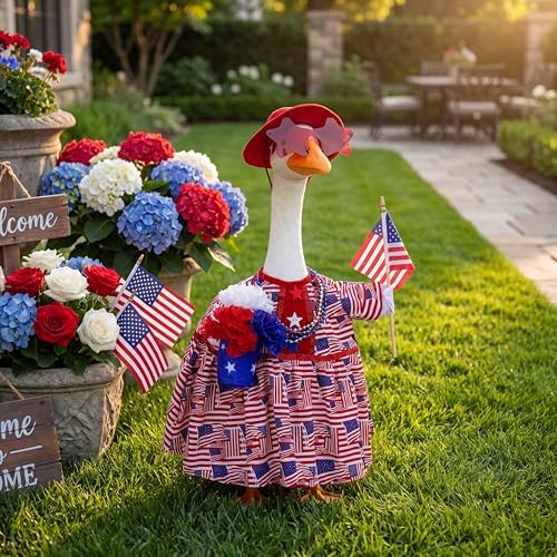 Abbylike 4th of July Porch Goose Outfit Fit 23" Plastic & Cement Statue American Flag Goose Skirt Clothes for Patriotic 250th Anniversary Independence Day Outdoor Garden Yard Patio Lawn Decor - Image 4