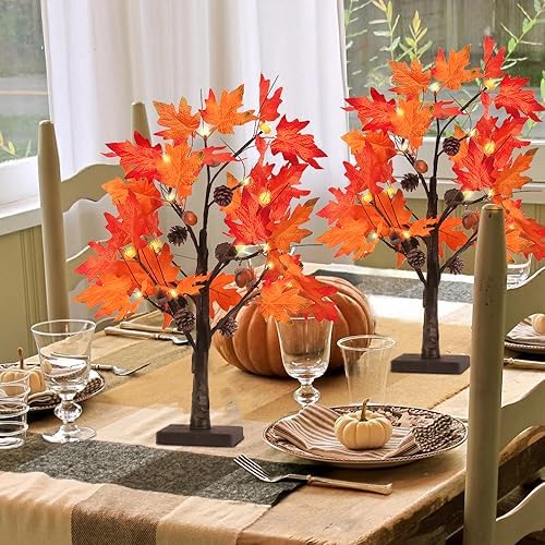 YEAHOME Fall Decorations for Home, 2 Pack 24”/2FT Lighted Fall Maple Leaves Tree with Warm White LEDs Autumn Decor, Pine Cone, Acorn Ornaments Battery Powered Timer for Thanksgiving - Image 7