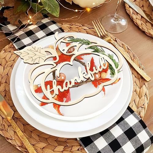12 Pcs Thanksgiving Pumpkin Wooden Plate Decor Grateful Wood Cutouts Fall Autumn Thankful Blessed Favour Gather Party Place Card Table Settings Signs for Farmhouse Dining Table Holiday Harvest - Image 7