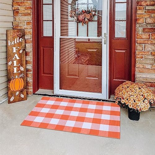 Ckorzen Fall Plaid Rug 28" x 43", Orange and White Buffalo Check Front Porch Outdoor Layered Doormat, Cotton Hand-Woven Washable Rug for Halloween Thanksgiving Autumn Decor - Image 3