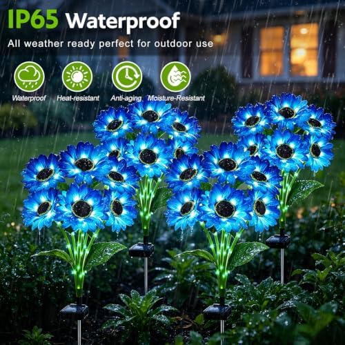 Solar Sunflower Lights Outdoor Garden Decor, 6 Pack Solar Blue Flowers Lights with 18 Sunflowers, Waterproof Fall Decor Stake Decorative Light Auto ON/Off for Garden Yard Patio, Gift for Women - Image 4