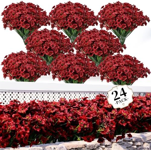 ColoPlay 24 Bundles Burgundy Artificial Flowers for Outdoors Fake Plant Mum by ColoPlay