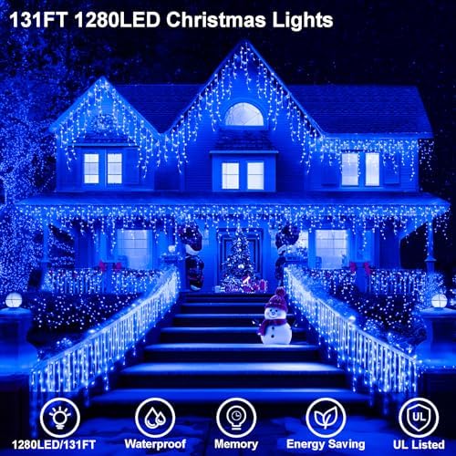 JXLEDAYY Christmas Lights Super Long 1280 LED 131 FT LED String Lights with 240 Drops Plug in 8 Modes Christmas Decoration for Holiday Wedding Party Bedroom Garden Patio Outdoor Indoor (Blue) - Image 2