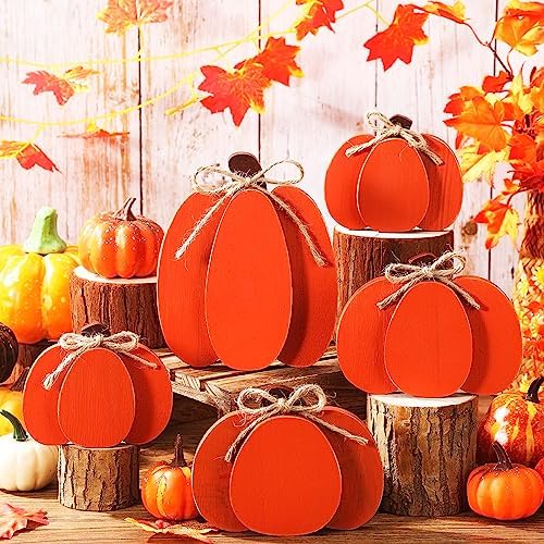 Thyle 5Pcs Fall Pumpkin Decor Autumn Wooden Sign Halloween 3D Pumpkin Decor by Thyle