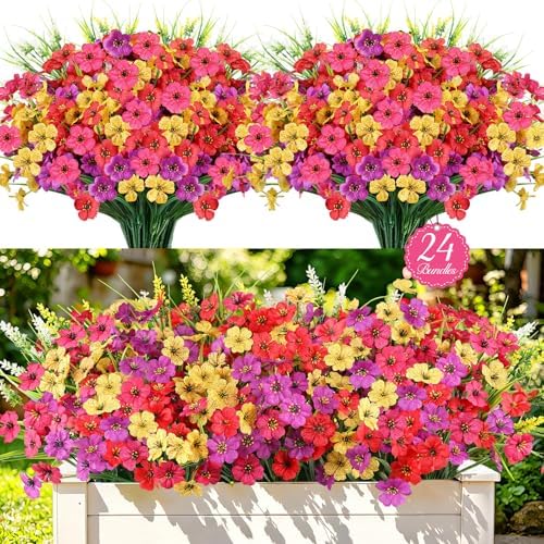 24PCS Fake Flowers Outdoor, UV Resistant Artificial Silk Flowers by AmberFun