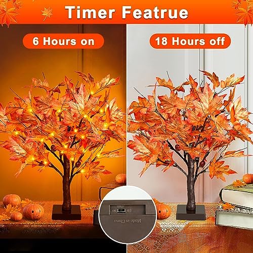 18 Inch Lighted Maple Tree with 36 Lights, 72 Leaves, 6 Acorn, Timer Battery Operated Tabletop Artificial Fall Tree for Thanksgiving Harvest Home Decor, Fall Table Decorations - Image 2