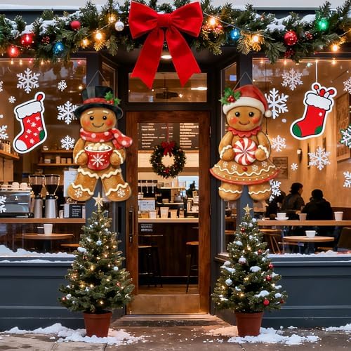 2 Pcs Christmas Door Decor, Gingerbread Man Woman Wood Welcome Sign Decor - Image 4