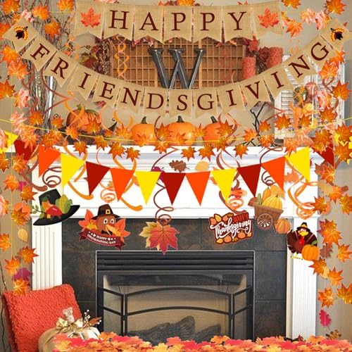 HAPPY FRIENDSGIVING Burlap Banner Paper Triangular Bunting Maple Leaf Pumpkin Turkey Garland for Thanksgiving Day Welcome Autumn harvest Party Decorations - Image 7