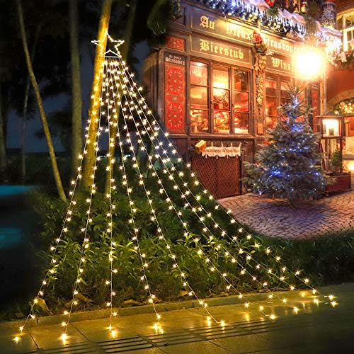 (New Christmas Decoration Lights, 320 LED Waterfall Christmas Tree Lights with 12" Star Topper, 8 Modes Indoor Outdoor String Lights for Yard, Party, Home, Holiday (Warm White) by FUNIAO