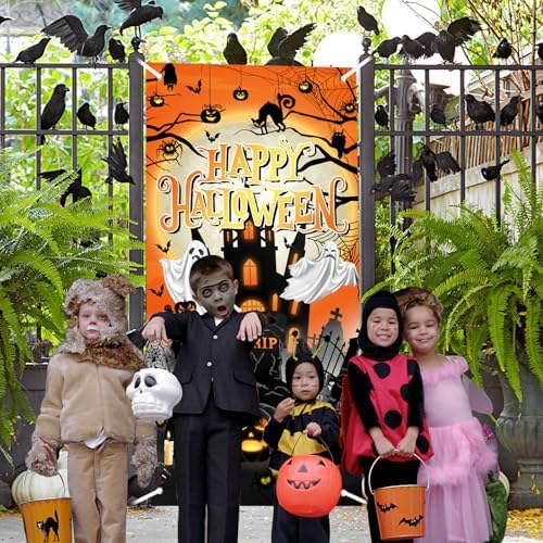 Avezano Halloween Door Cover Orange Cemetery Halloween Door Decorations - Image 3