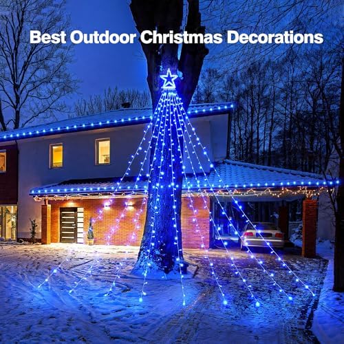 BlcTec Outdoor Christmas Decorations 317 LEDs Christmas Lights with 9 Strands 11.9ft Waterfall Christmas Tree Lights, 8 Modes, UL Certified, Waterproof, Topper Star & Timer for Yard Patio Décor, Blue - Image 7
