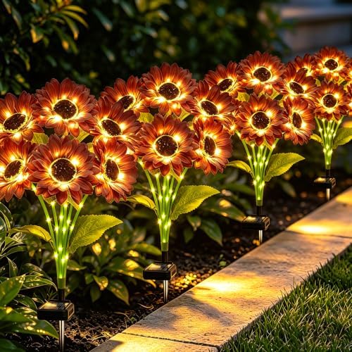 MRHEPHAESTUS Solar Garden Lights Outdoor, 4 Pack Solar Brown Sunflower Lights with 18 Head 3.5 Inch Flowers, Waterproof Flowers Light Fall Decor Auto ON/Off for Garden Yard Patio, Gifts for Mom Women by MRHEPHAESTUS