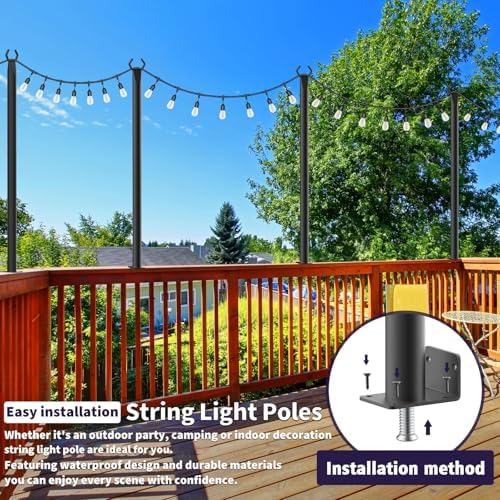 AHRLHR 10 Pack String Light Poles for Deck,5 Ft String Light Poles for Outside with Fixing Clips,Metal Poles for Outdoor String Lights, Hanging Light Poles for Fence Garden Backyard Wall Bistro - Image 2