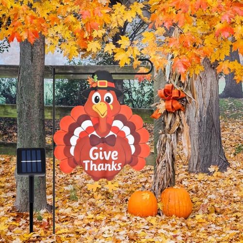 19 x 25 Inches Lighted Thanksgiving Turkey Garden Flag – Give Thanks Double-Sided Outdoor Thanksgiving Decorations with Multicolor LED Lights, Solar Powered Fall Yard Flag for Porch, Lawn, and Patio - Image 6