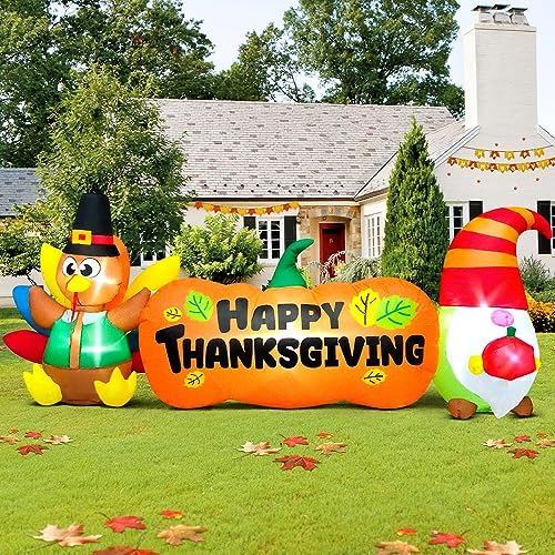 8FT Thanksgiving Inflatables Outdoor Decoration Inflatable Turkey Pumpkin Gnome, Built in LED Lights Blow Up Yard Decorations for Fall Holiday Party Garden Lawn Décor - Image 3