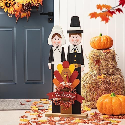Glitzhome 36''H Thanksgiving Pilgrim Couple with Turkey Porch Sign, Farmhouse Wooden Welcome Sign Standing Porch Decor for Fall Harvest Autumn Thanksgiving by Glitzhome