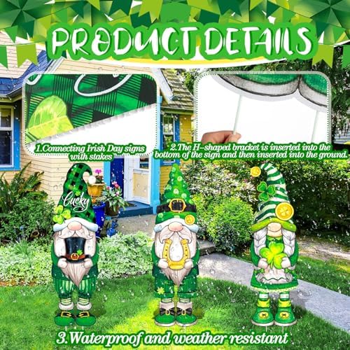 Umigy 3 Pcs St. Patrick's Day Yard Signs Shamrock Gnome Outdoor Decor with Stakes 32 x 10 Inch St. Patrick's Day Lawn Garden Decorations for Home Pathway Walkway - Image 3